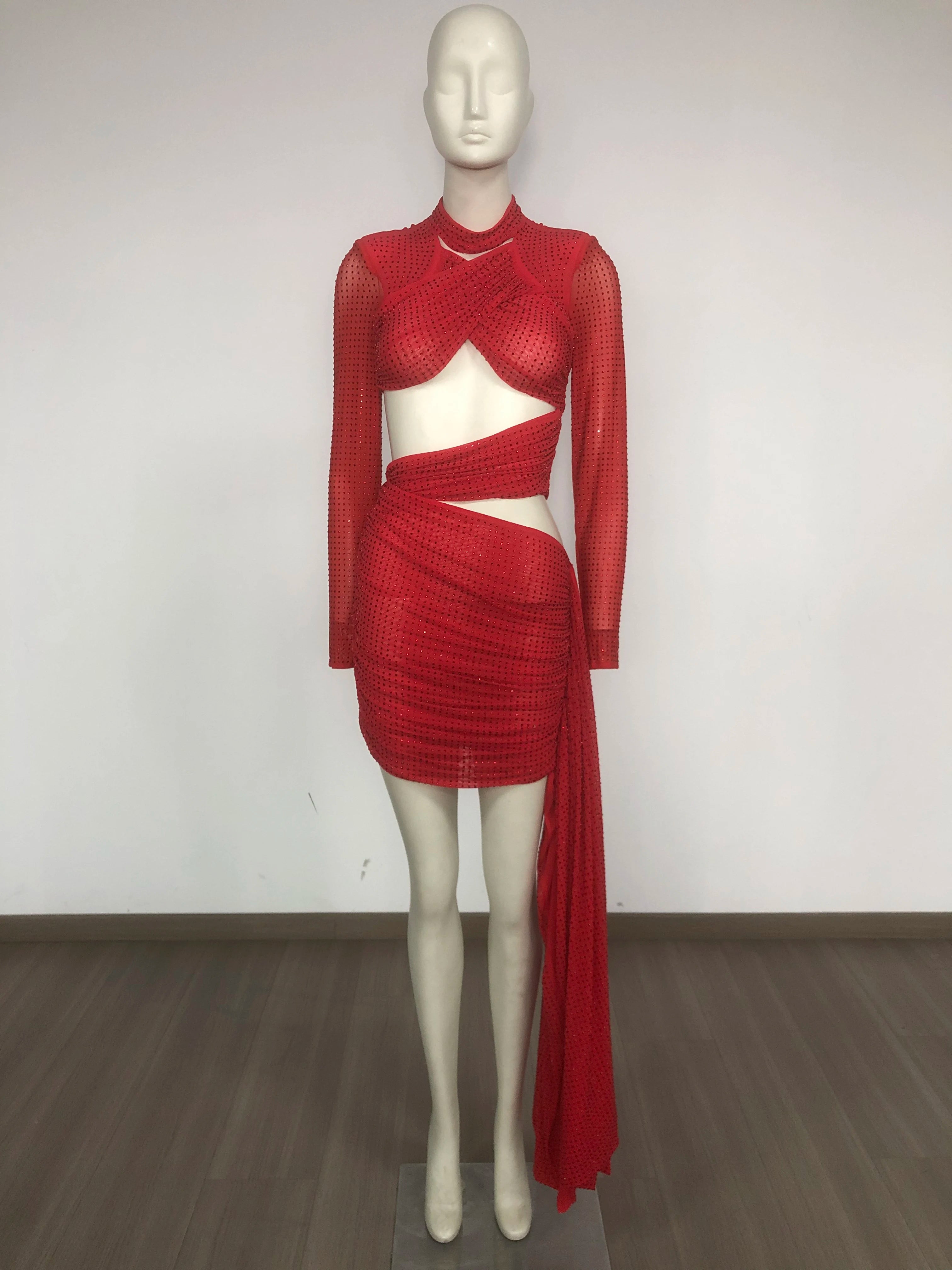 Shinning Rhinestones Women Long Sleeve Sexy Cross Keyholes Bodycon Mini Dress Celebrity Gashion Red Carpet Birthday Outfit