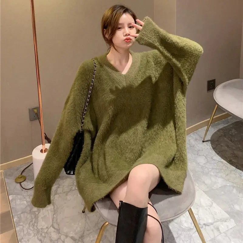 Oversized White Mink Cashmere Knitted Sweaters Loose Fit V-Neck Long Sleeve Women Pullovers Tops New Fashion Autumn Winter 2023