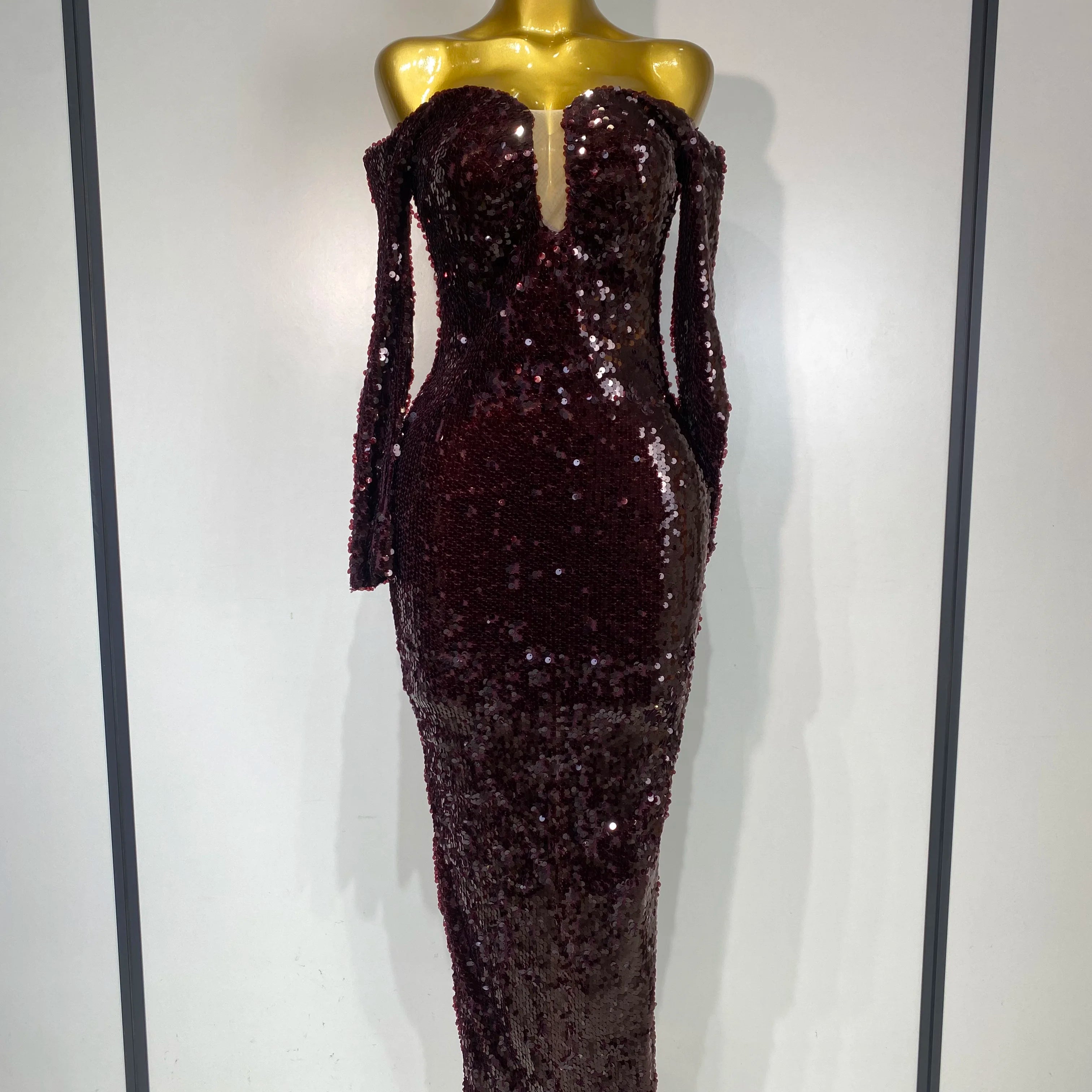 Women 2025 Luxury Sequin Celebrity Sexy Off Shoulder Long Bodycon Dress Elegant Evening Club Party Fashion Birthday Dresses burgundy