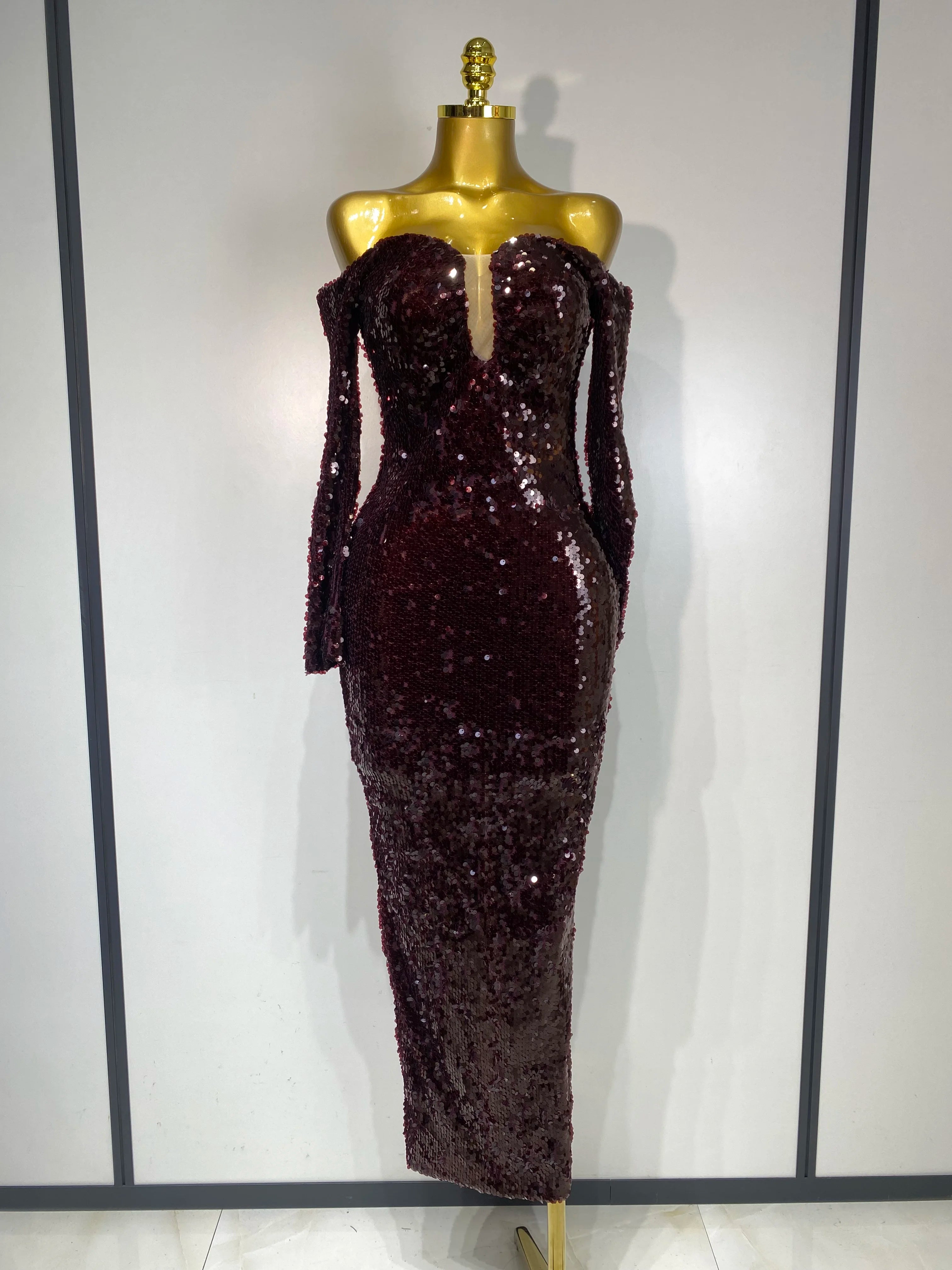 Women 2025 Luxury Sequin Celebrity Sexy Off Shoulder Long Bodycon Dress Elegant Evening Club Party Fashion Birthday Dresses burgundy