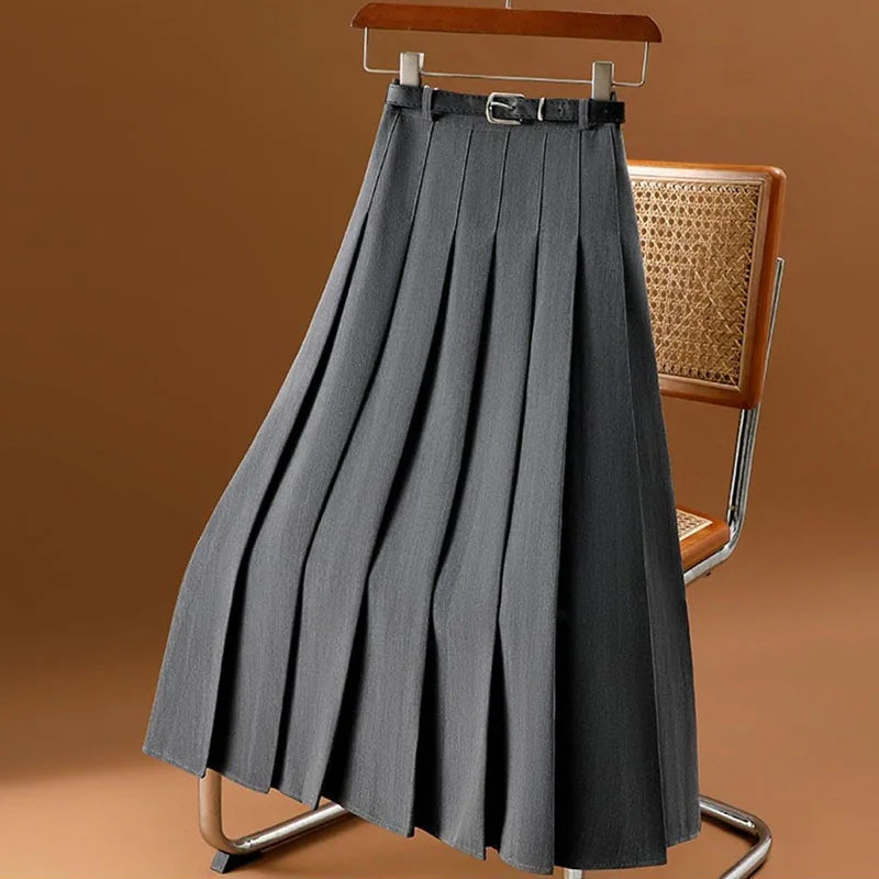 Lucyever All-Match Pleated Skirts Women Autumn Winter High Waist A-Line Folds Skirts Female Korean Fashion with Belt Midi Skirts GRAY