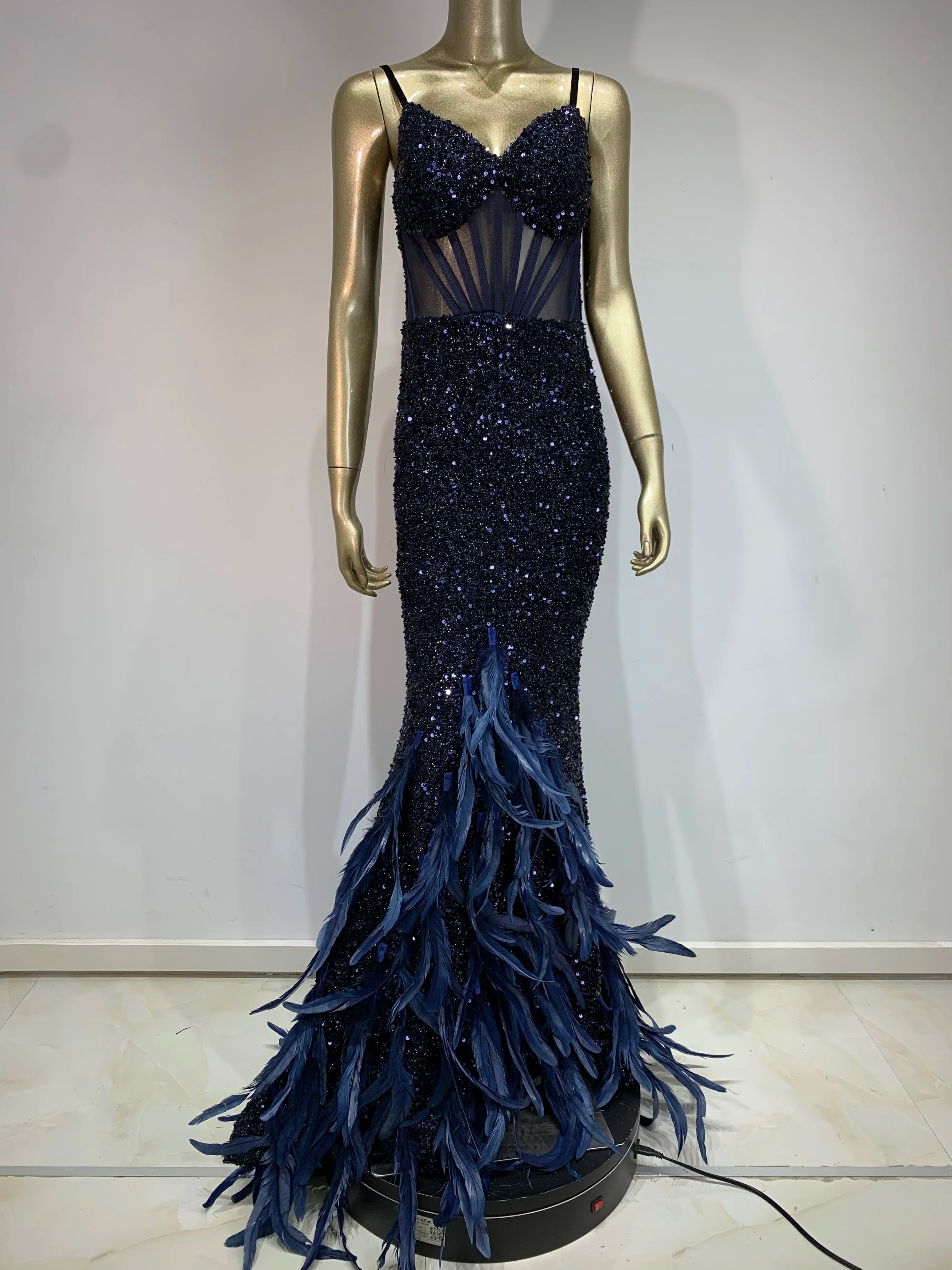 Women Summer Sexy V Neck Mesh Sequins Blue Feather Maxi Long Dress 2024 Elegant Party Evening Stage Performance Dress Vestido