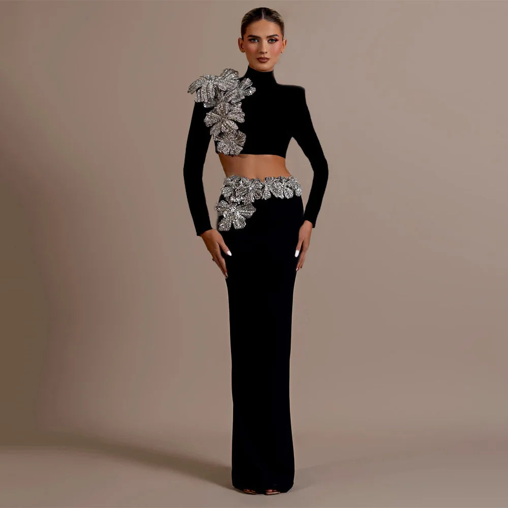 Black Color Women Long Sleeve Sexy Diamond Flowers 2 Pieces Bodycon Long Bandage Dress Celebrate Nightclub Party Outfit Vestido black
