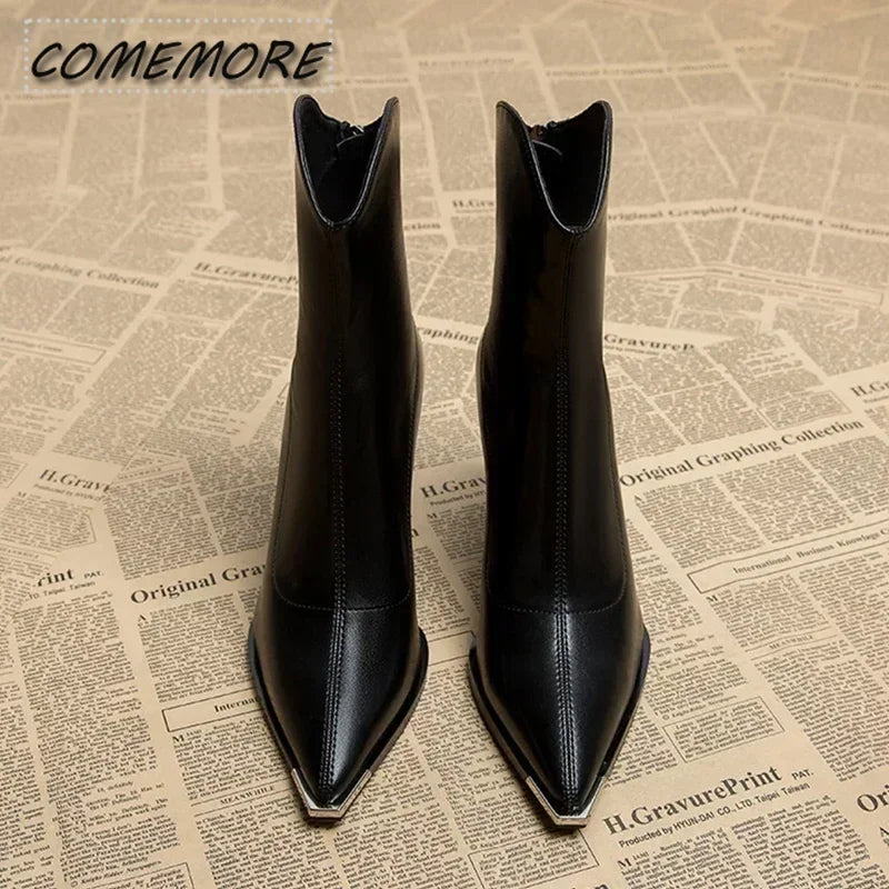 Winter High Heels Sexy Women Luxury Shoes Chunky Ankle Chelsea Boots Fashion New Pointed Toe Zipper Goth Pumps Black Brown