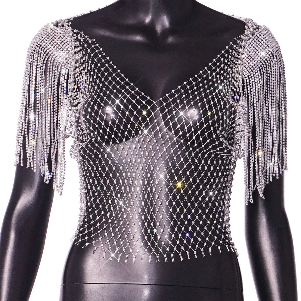 Women's Sexy V-neck Rhinestone Short Crop Top Blink Crystal Tassel Fringe Shoulder Decor Diamond Fishnet Shirt Silver