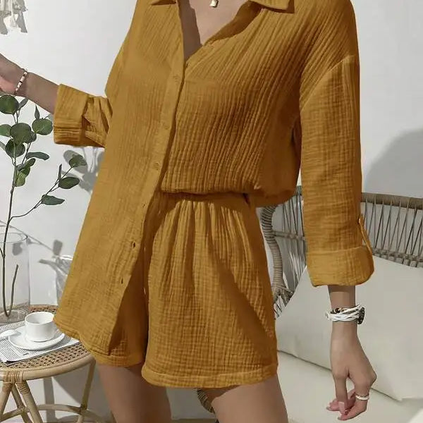 100% Cotton Gauze Muslin Sets For Women 2 Pieces Long Sleeve Shirts And Loose High Waist Mini Shorts Sets Ensemble Femme caramel