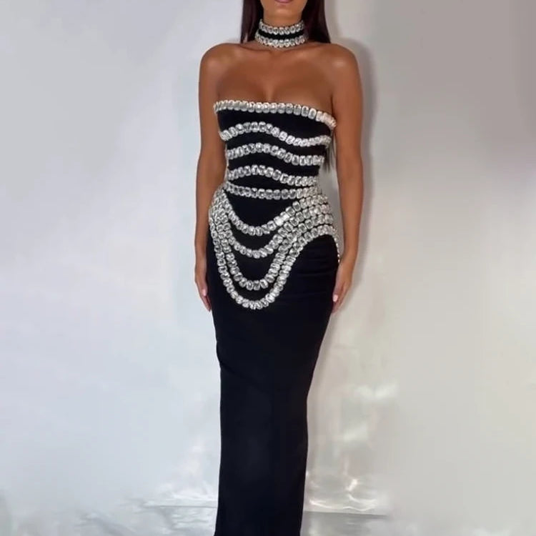 Black Strapless Long Dress Diamonds Embellished Bodycon Bandage Prom Celebrity Party Evening Gowns Dropshipping