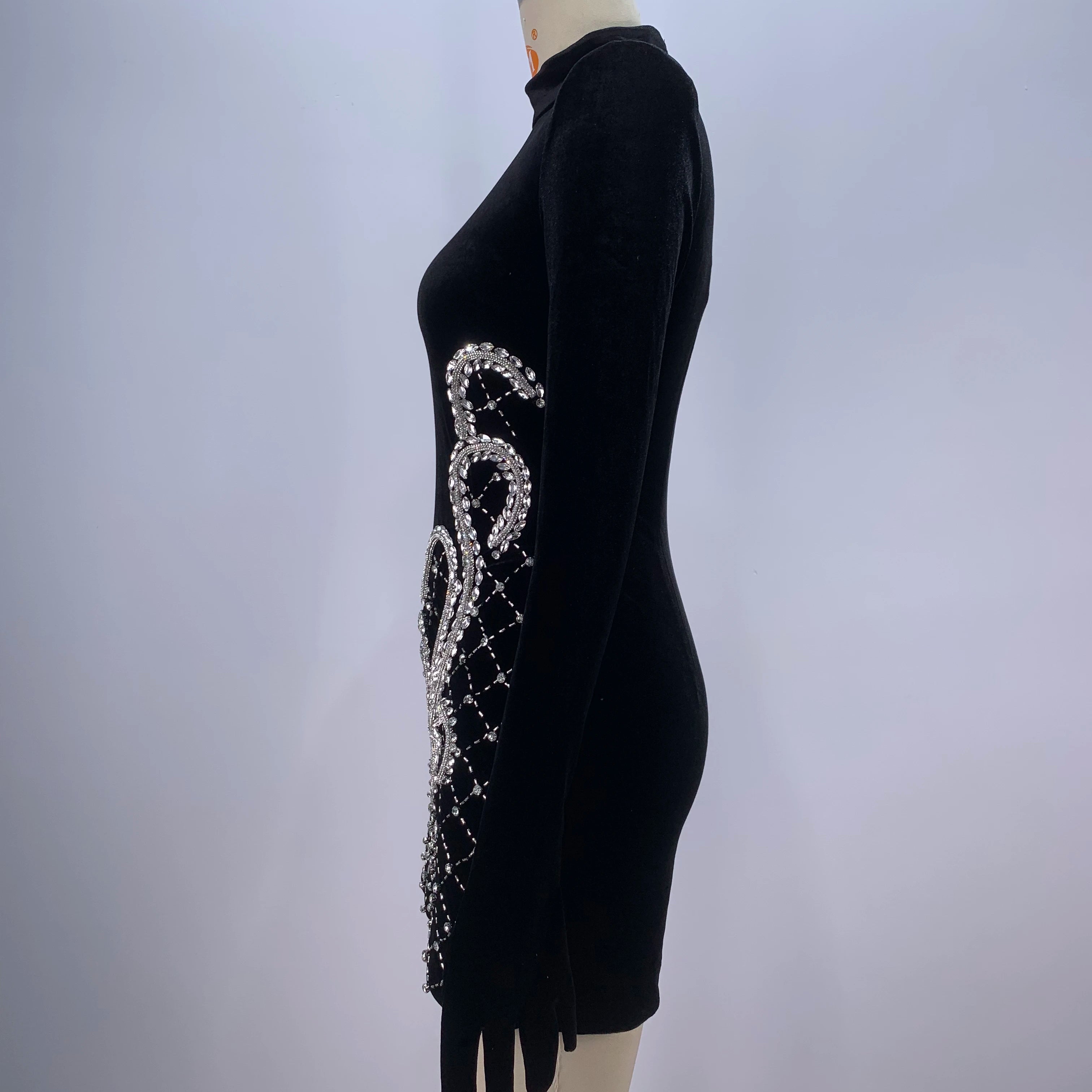 2024 New Fashion Women Long Sleeve Gloves Velvet Bodycon Mini Dress Sparkly Crystal Fashion Nightclub Party Cocktail Dress