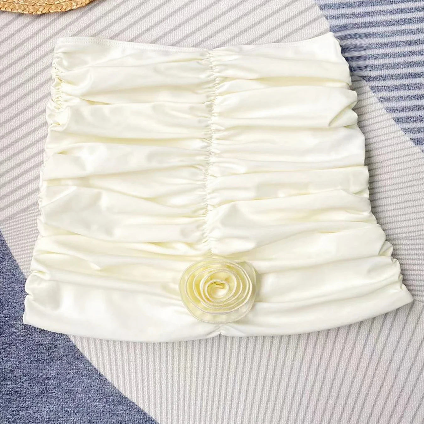 New Sexy Flower Bandeau Three Pieces Bikini Set Swimsuit For Women Bandeau Push Up Swimwear Female Bathing Suit Beach Skirt Beige Dress