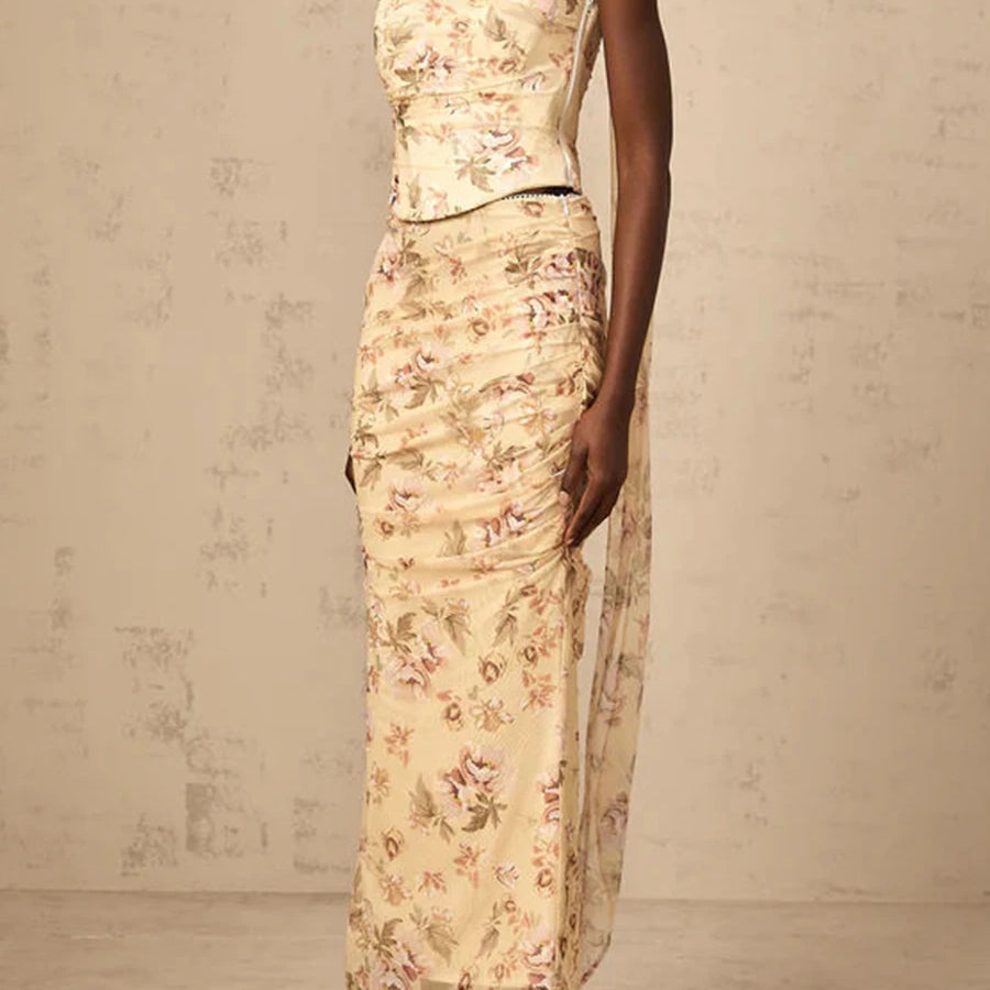 Colorblock Slimming Spliced Mesh Dresses for Women Strapless Sleeveless Patchwork Printing Dress Female Clothing