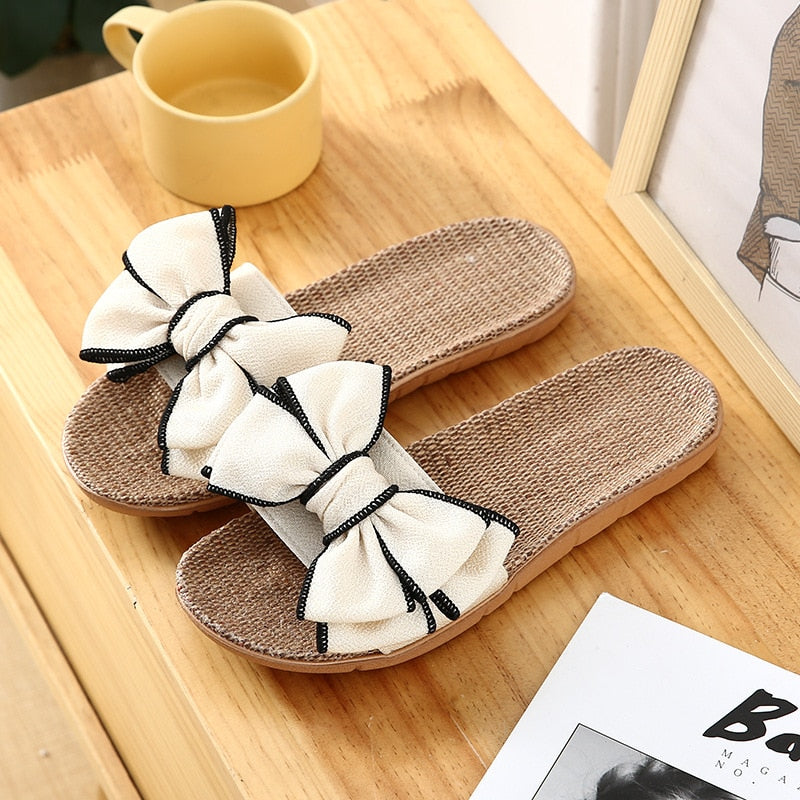 Women Summer Casual Slides Comfortable Flax Slippers Striped Bow Ya Ma Flip Flops Platform Sandals Ladies Indoor Shoes Beige