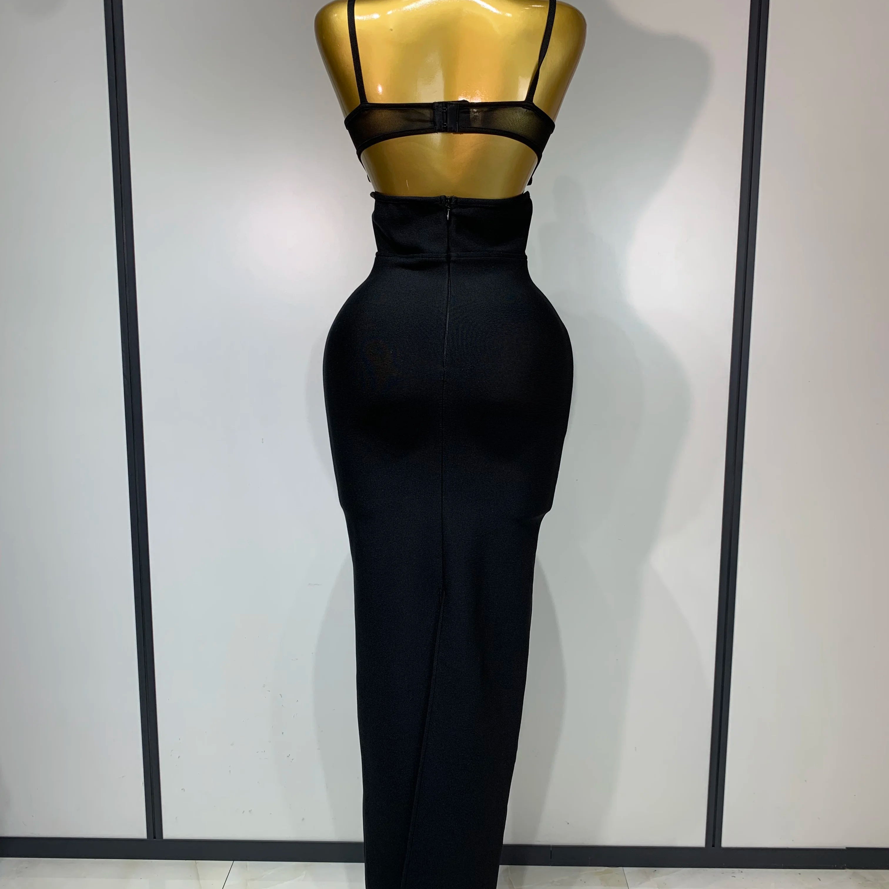 Fashion Black Spaghetti Strap Maxi Long Bandage Dress Mesh Cut Out Elegant Celebirty Bodycon Evening Club Party Birthday Dresses