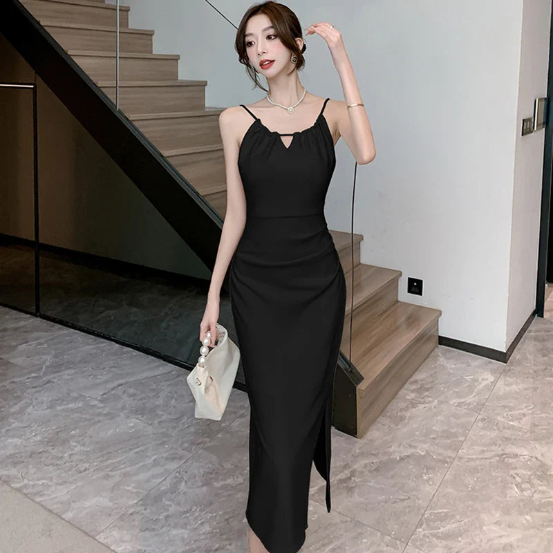 White Hollow Out Sexy Sling Long Dress for Women Korean Luxury Elegant Party Evening Dress Summer Fashion Bodycon Prom Robe Black