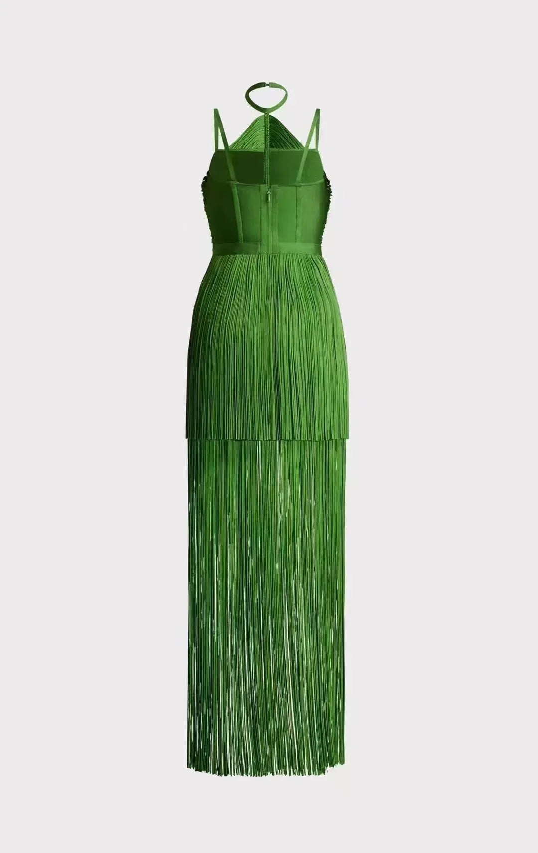 Women Celebrity Luxury Sexy Backless Tassel Green Ankle Length Bodycon Bandage Dress 2024 Elegant Evening Club Party Outfit