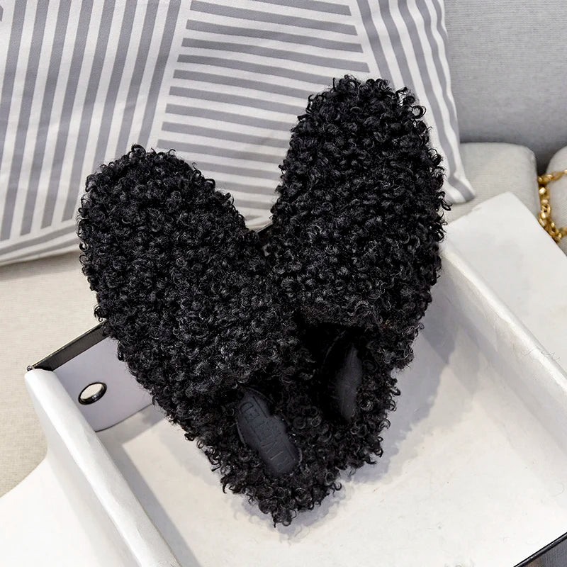 women's winter plush slippers Fashion round head design flat shoes Outdoor and Office and Home Large size 41-43 free delivery black