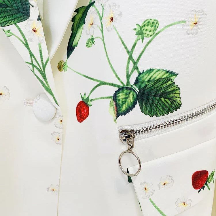 HIGH QUALITY Newest Designer Runway Suit Set Women's Single Button Strawberry Floral Printed Blazer Pants Suit 2pcs