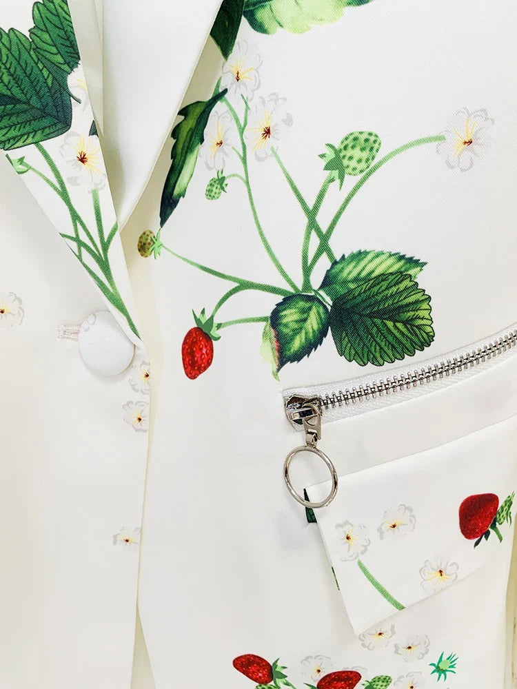 HIGH QUALITY Newest Designer Runway Suit Set Women's Single Button Strawberry Floral Printed Blazer Pants Suit 2pcs