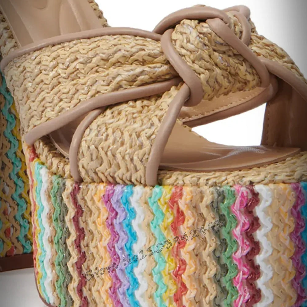 Rainbow Striped Platform Espadrille Wedge Sandals with Ankle Strap Ladies Bohemian Summer Beach Wedding Party Shoes Breathable W