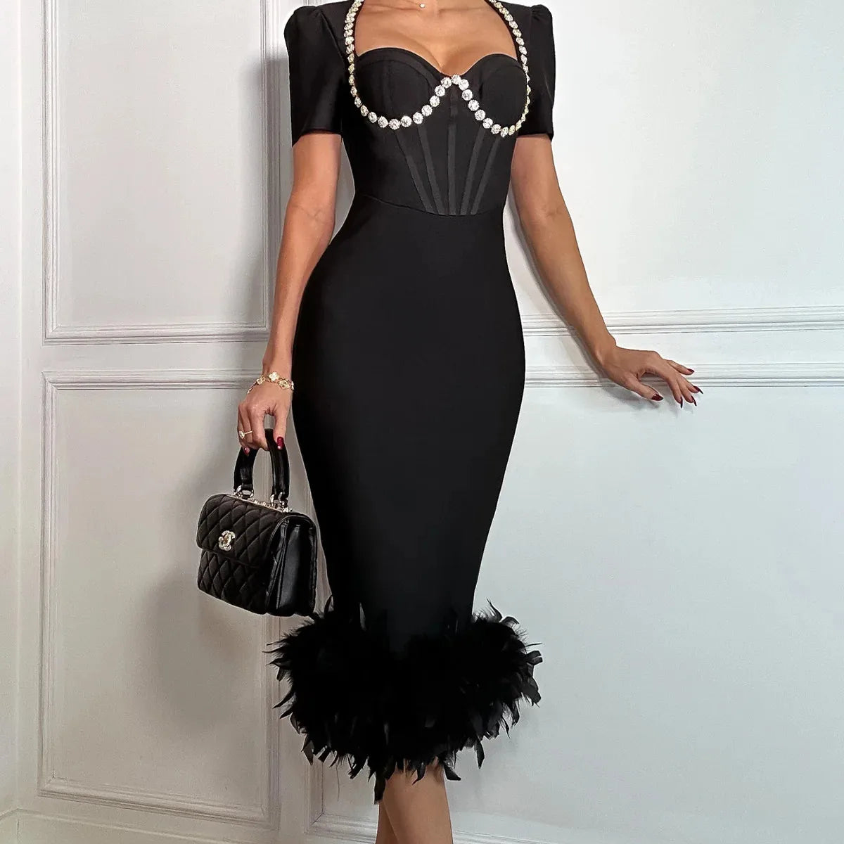 Black Color Women Sexy Short Sleeve Square Collar Feathers Bodycon Mid-calf Bandage Dress Celebrate Nightclub Party Fashion Wear black