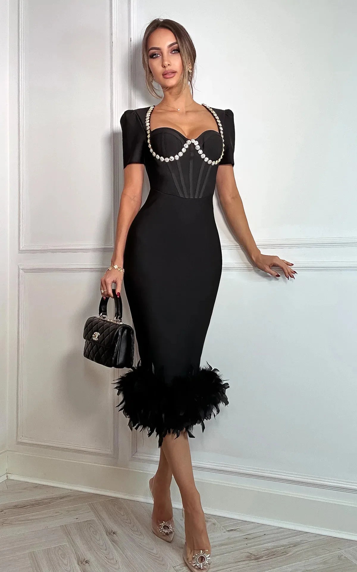 Black Color Women Sexy Short Sleeve Square Collar Feathers Bodycon Mid-calf Bandage Dress Celebrate Nightclub Party Fashion Wear black