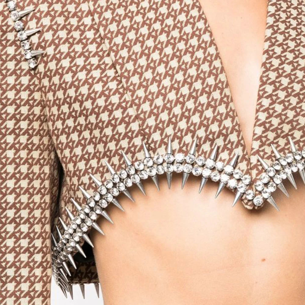 Solid Two Piece Set For Women Notched Collar Long Sleeve Spliced Diamond Blazer High Waist Skirt Casual Set Female