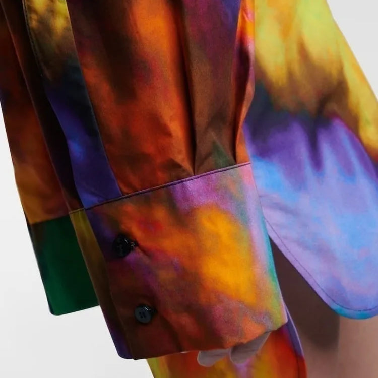 DEAT Fashion Women's Shirt Dress V-neck Loose Tie Dye Long Sleeve Single Breasted Waist Mini Dresses Spring New WR36309