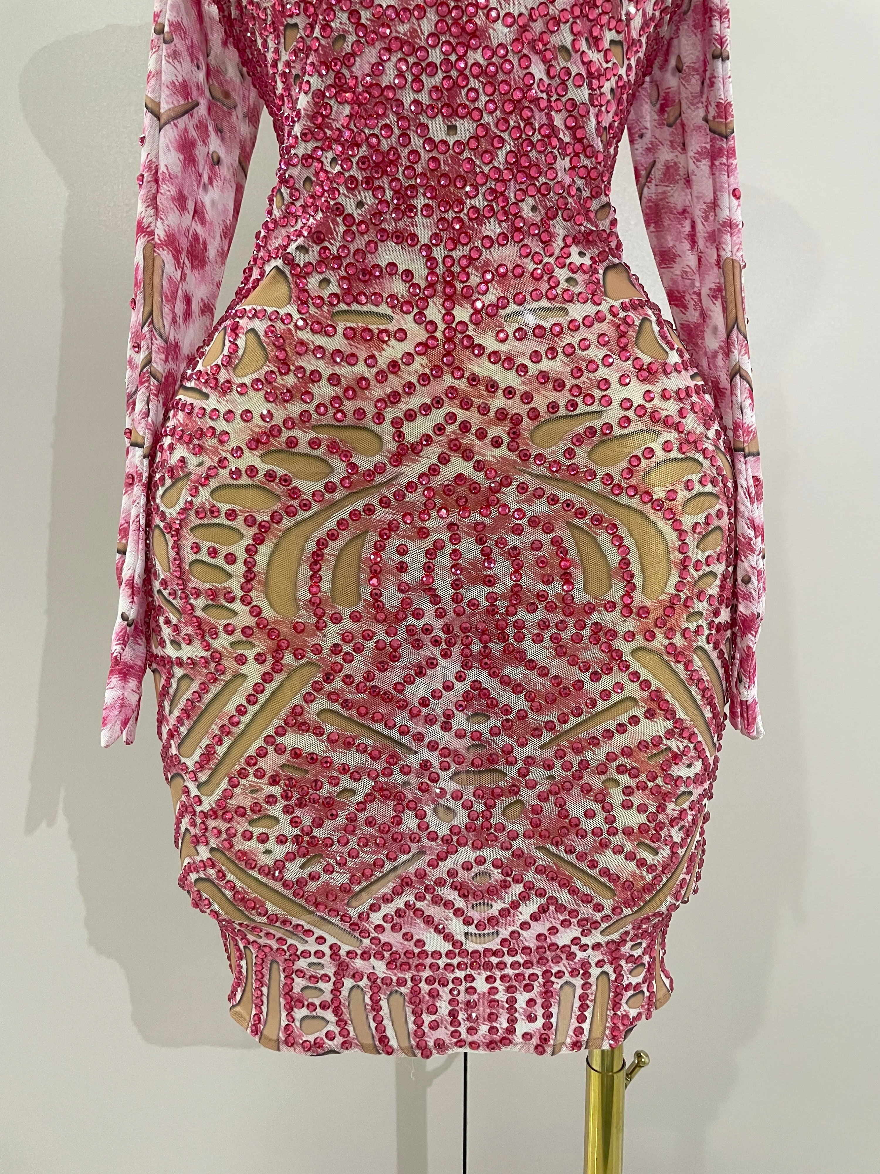 2025 New Sexy Sparkly Rhinestones Mesh Mini Dress With GlovesWomen Evening Birthday Party Celebrate Costume Dancer Stage Wear