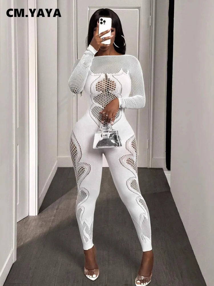 2025 O-neck Full Sleeve Women Mesh Hollow Out Jumpsuits Casual Night Club Sexystreet Sexy Perspective Outfits Rompers