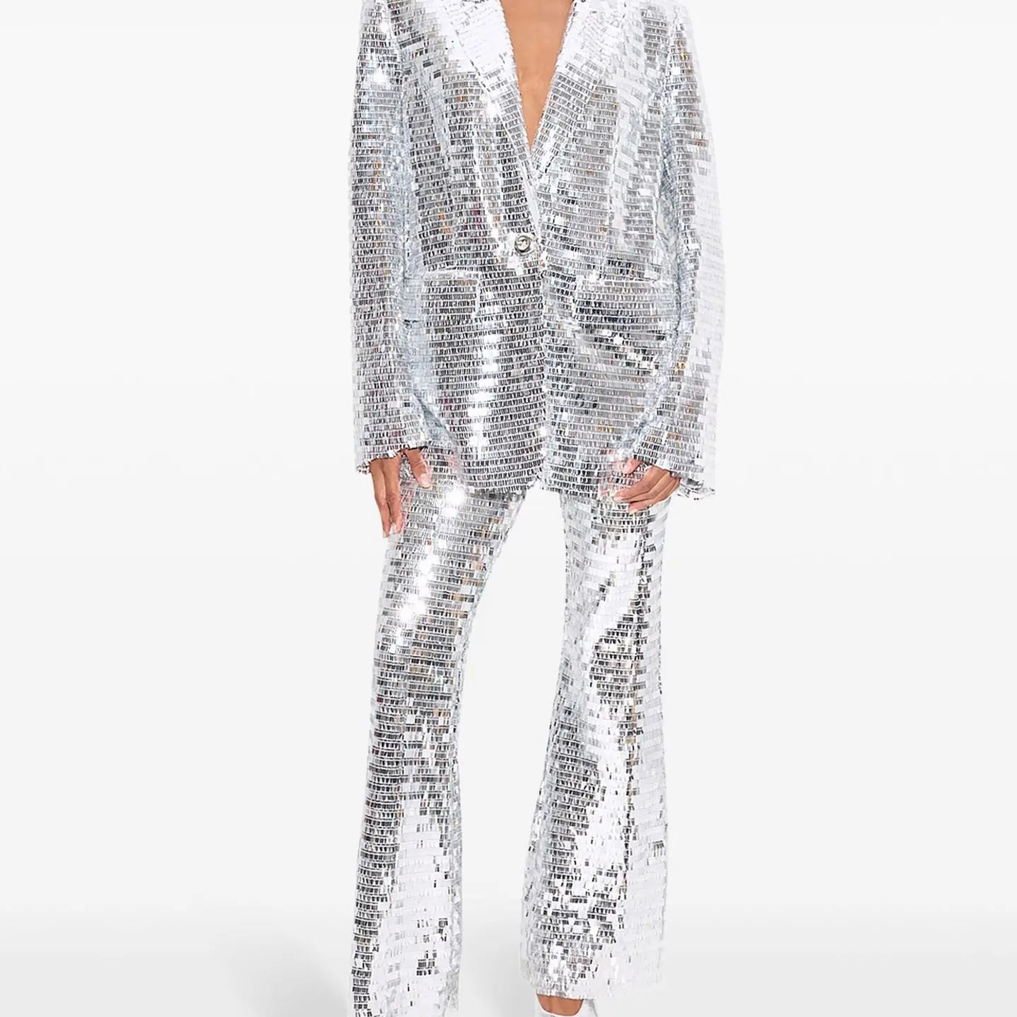 New Spring Shinning Sequined Women Long Sleeve Single Button Tops Floor-Length Pants Set Celebrate Evening Party Women's Set Silver