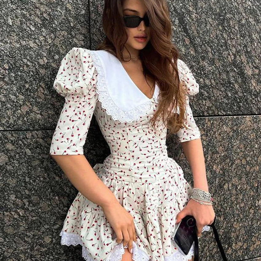 Clacive Summer Slim Print Women'S Dress Bodycon Doll Collar Short Sleeve Mini Dresses Elegant Lace Patchwork Female Dress Beige