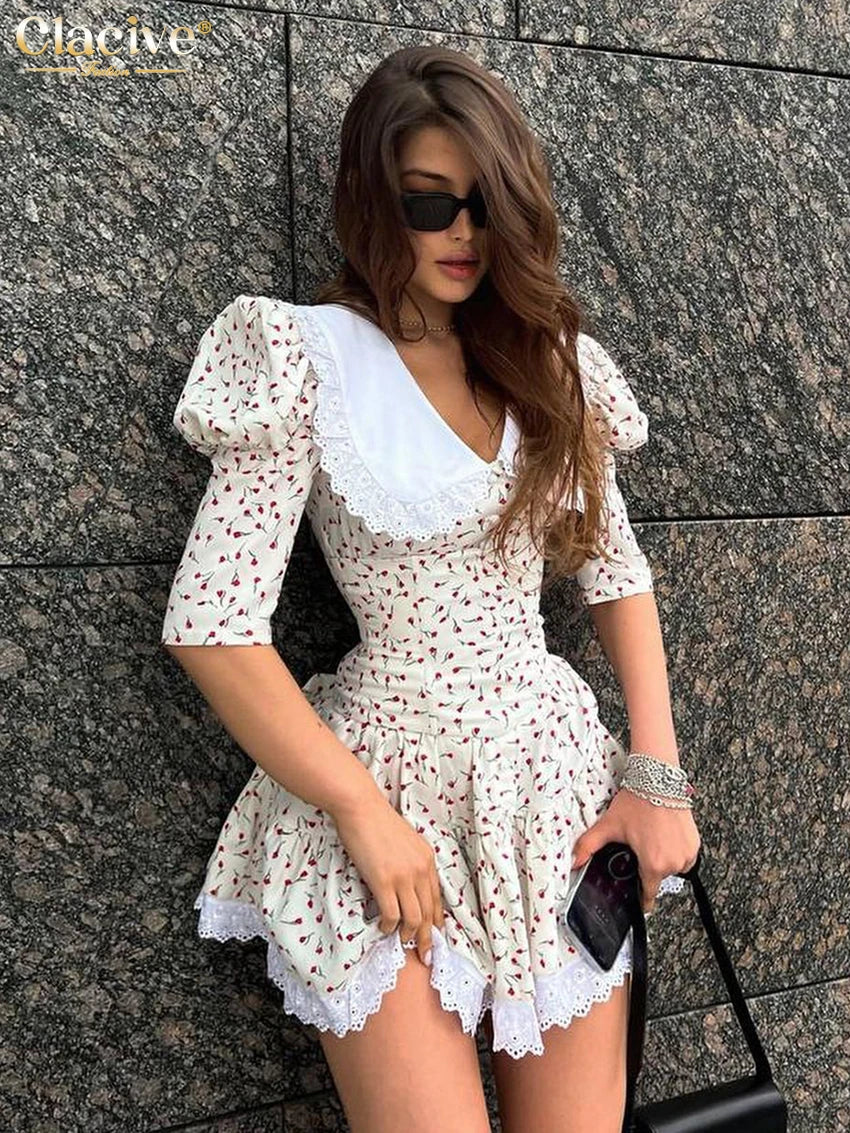 Clacive Summer Slim Print Women'S Dress Bodycon Doll Collar Short Sleeve Mini Dresses Elegant Lace Patchwork Female Dress Beige