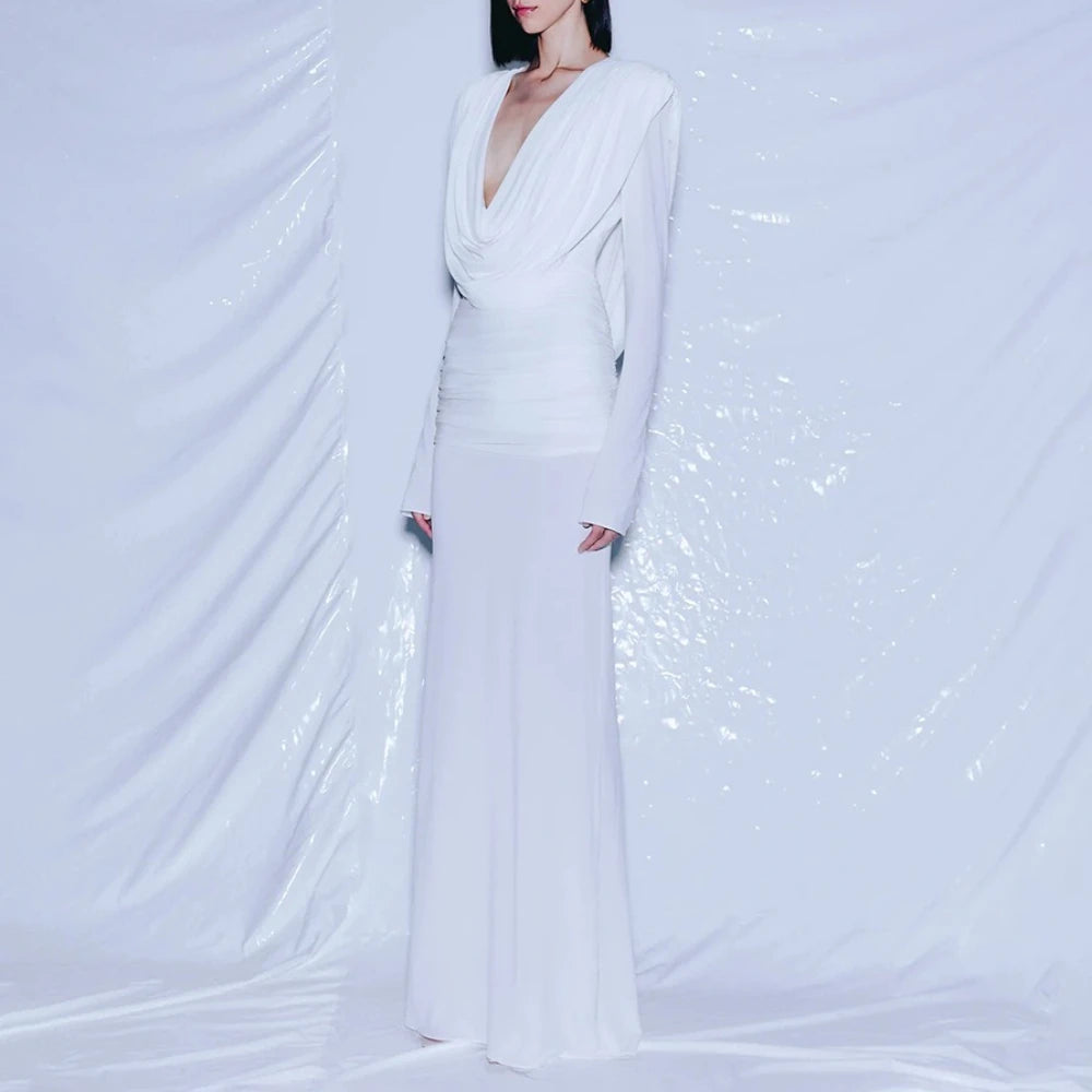 Solid Slimming Spliced Folds Minimalist Dresses for Women V Neck Long Sleeves Elegant Evening Dress Female Fashion