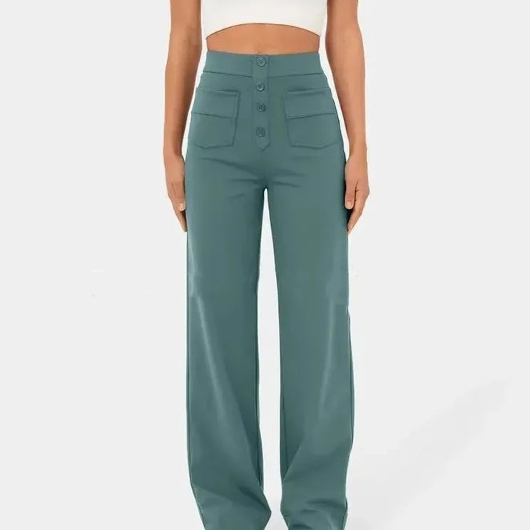 Women's High-waisted Elastic Casual Trousers Fashionable Casual Straight-leg Pants Buttoned Elegant Casual Pants Malachite green