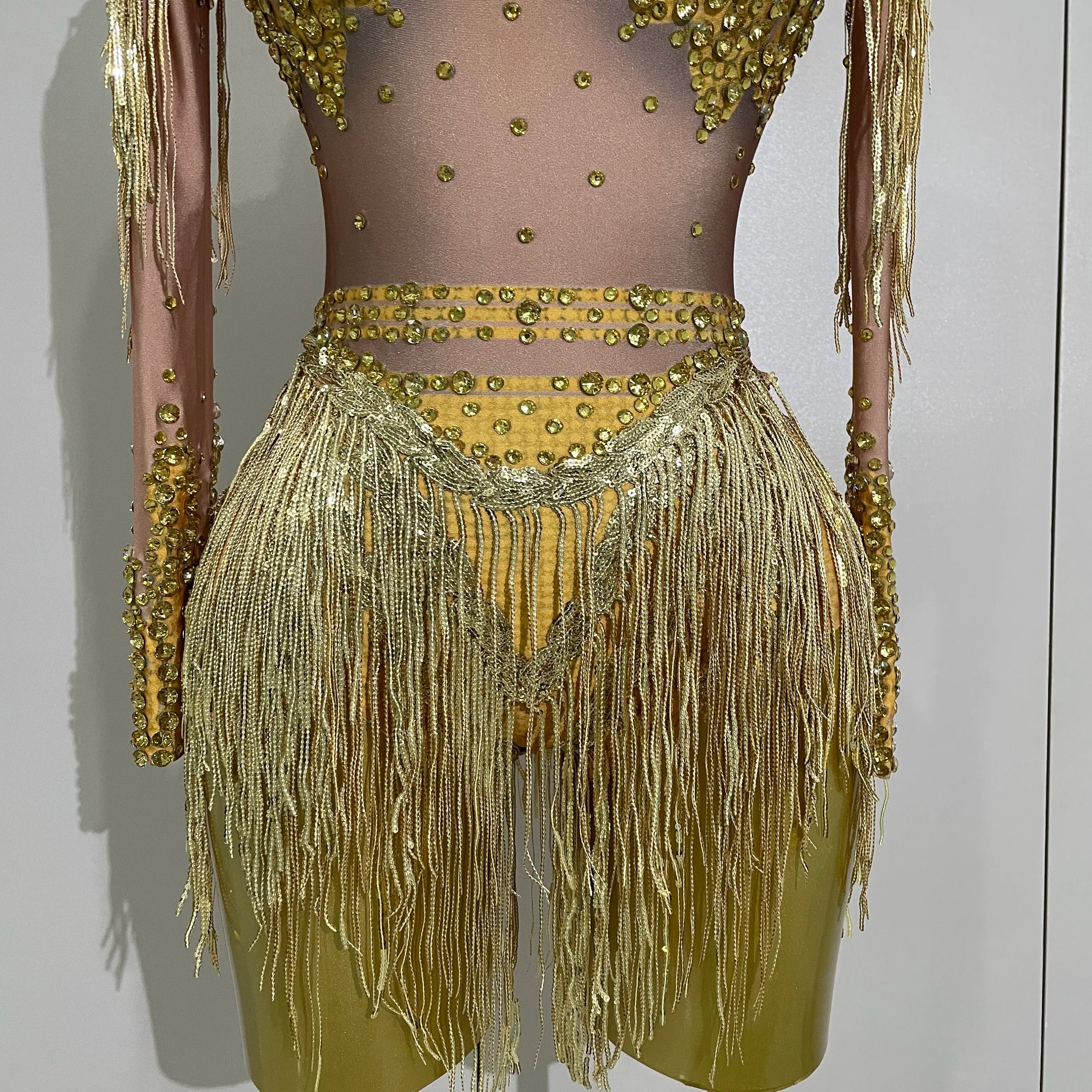 Sparkly Rhinestone Sequin Tassel Stretch Bodysuits 2025 Women Birthday Party Nightclub Dj Stage Performance Costume