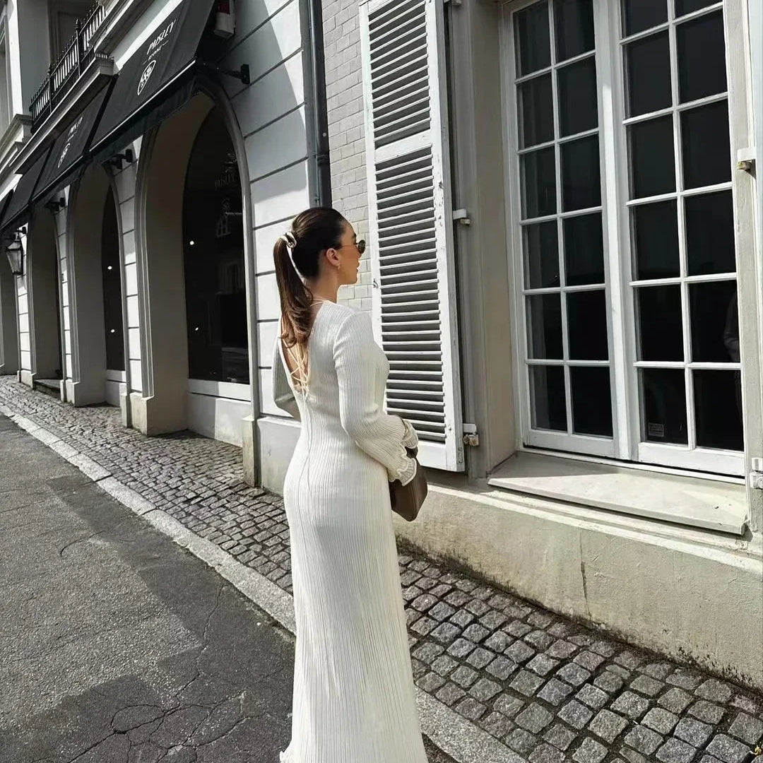 Autumn New Ladies Elegant Flared Sleeve Knitted Dress Women Fashion Crew Neck White Slim Robes Summer Female Party Dresses