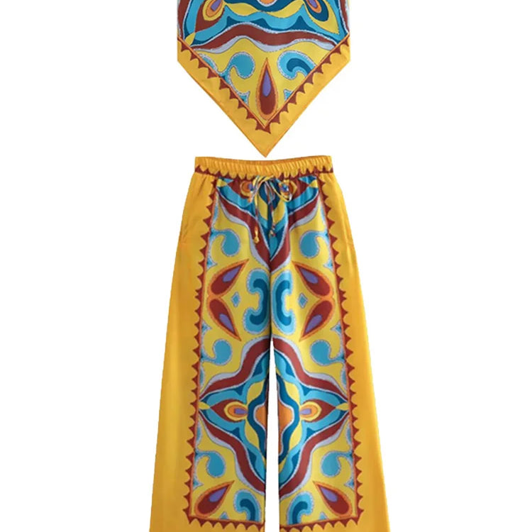 BlingBlingee Summer Printed Women Wide Pants Satin Suits Traf Asymmetric Sleeveless Strapless Crop Top Female Sets Y2K Camis-Pants Sets 3