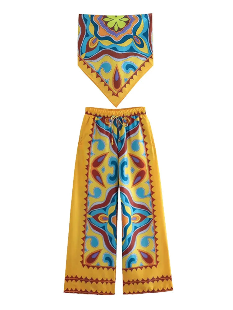 BlingBlingee Summer Printed Women Wide Pants Satin Suits Traf Asymmetric Sleeveless Strapless Crop Top Female Sets Y2K Camis-Pants Sets 3