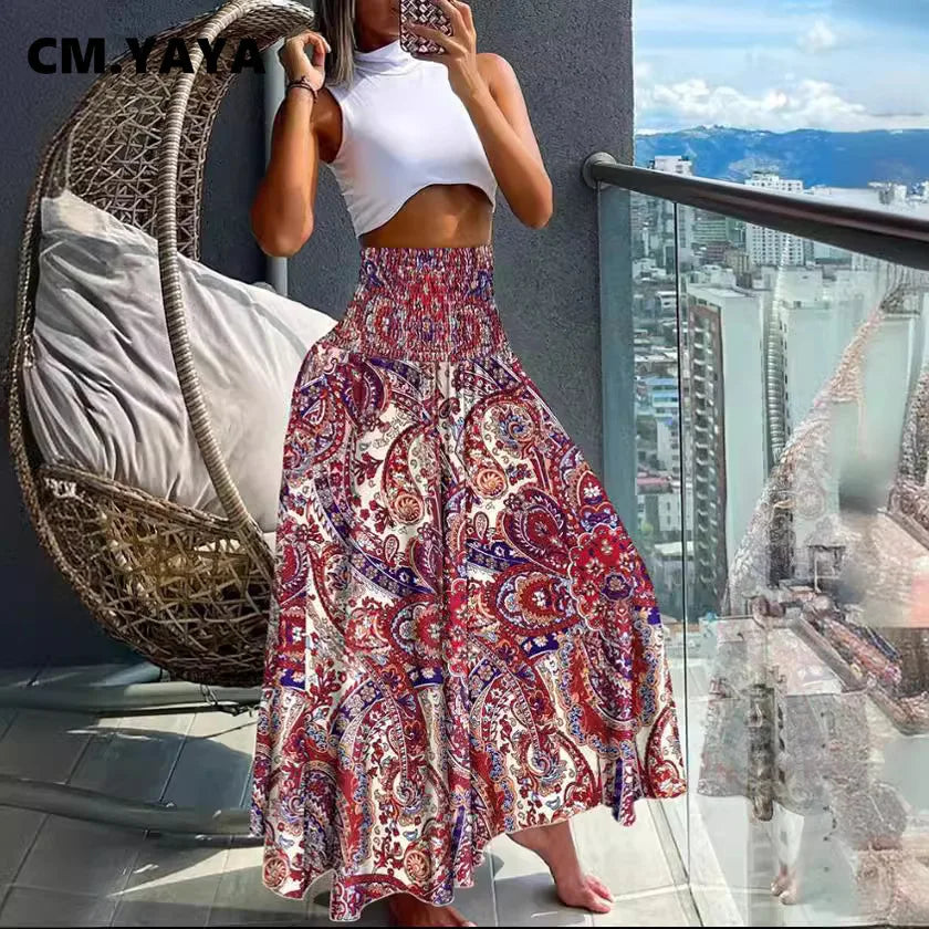 Women Fashion Bandanna Paisley Big Swing High Waist Maxi Skirt Streetwear 2024 Boho Vintage Casual Long Skirts