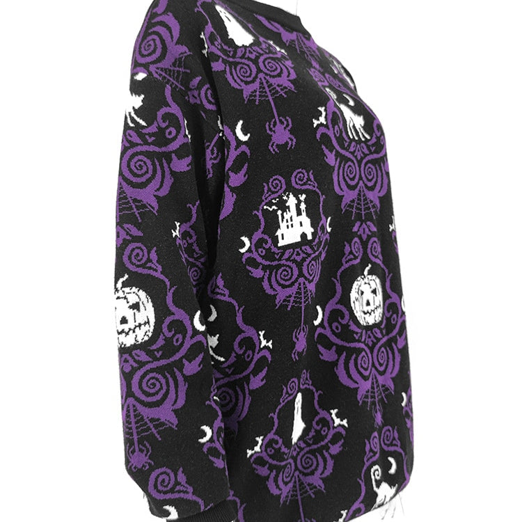 Yangelo Gothic Halloween Women's Pullover Round Neck Pumpkin Pattern Loose Long Sleeve Warm Autumn and Winter Street Y2K Sweater