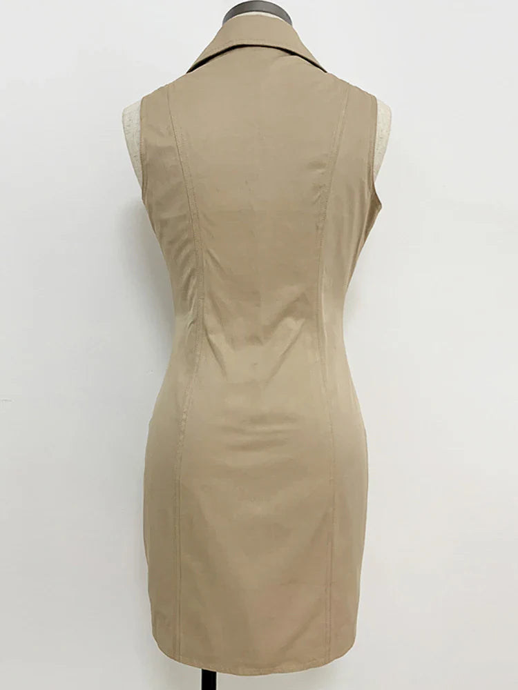 Top Newest Stylish Summer Designer Women's Sleeveless Notched Collar Double Breasted Lion Buttons Mini Cotton Dres