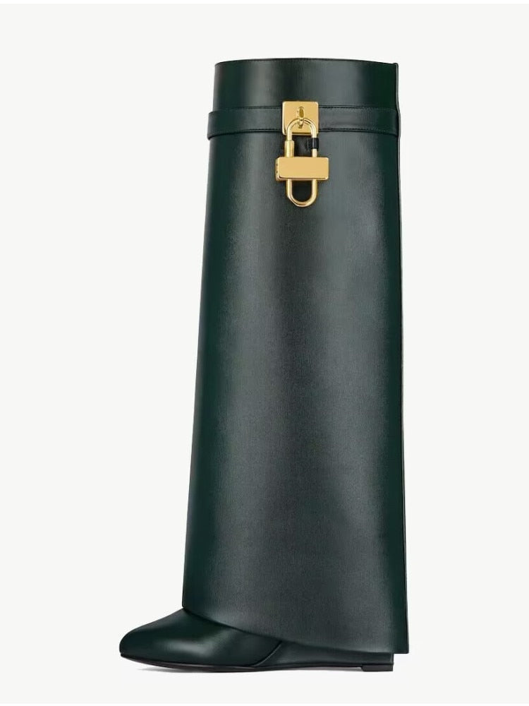 Women's Knee High Boots Shark Lock Long Thick Soled High-heeled Boots Designer Luxury Brand Women's Leather Boots Green pu