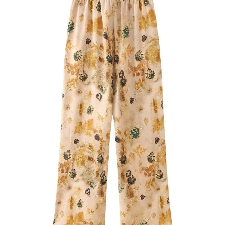 Aonibeier Thin Satin Printed Women Loose Shirt Suits Traf Summer Long Sleeve Casual Blouse Female Wide Pants Sets Y2K