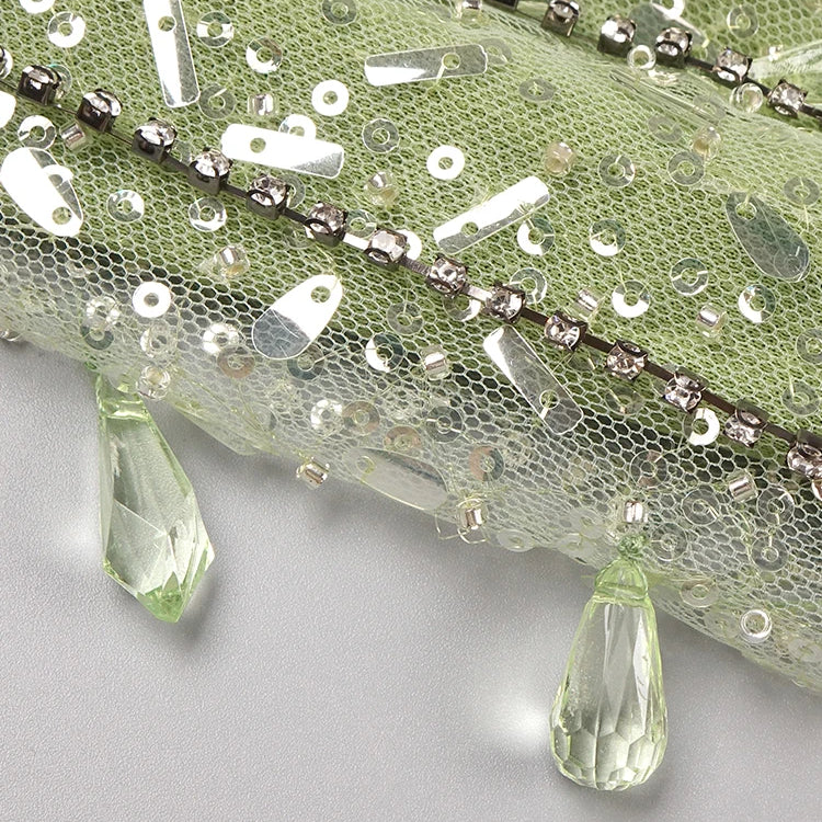 2024 Summer New Green Feather Shining Sequins Strapless Slim High Slit Beads Tassels Party Cocktail Evening Dress