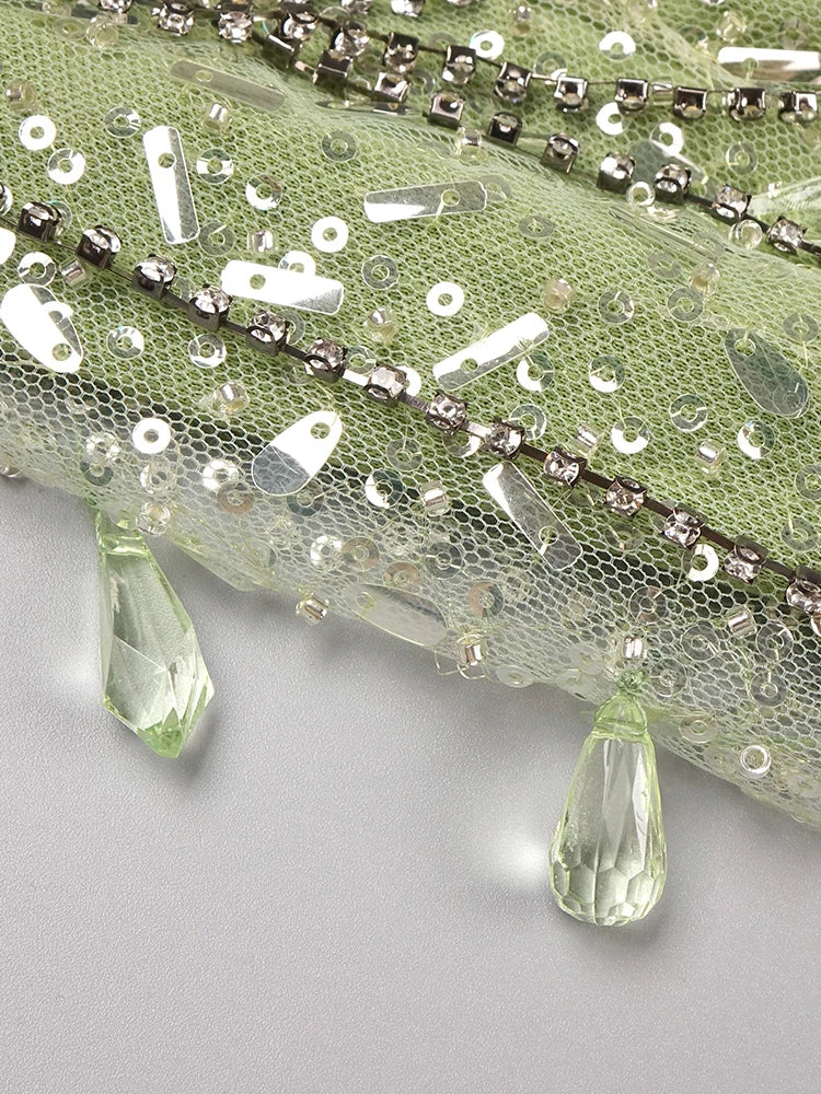 2024 Summer New Green Feather Shining Sequins Strapless Slim High Slit Beads Tassels Party Cocktail Evening Dress