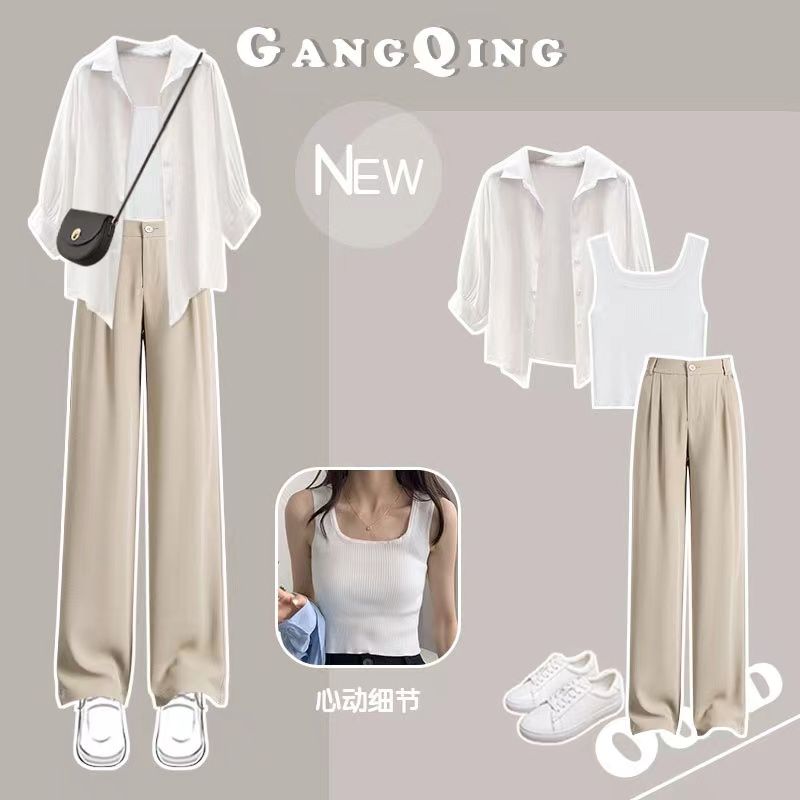 Women's Summer Suit 2024 New Casual Sunscreen Shirt Top+Strap+Casual Pants 3 Piece Korean Elegant Blouse Trousers Matching Set Set 05