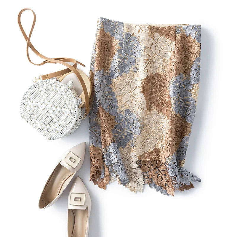 Women Brown Lace Midi Pencil Skirt Bi-material Skirt For Suits With Zipper Long Floral Fashion SKirts Jupe Femme Bi Matiere