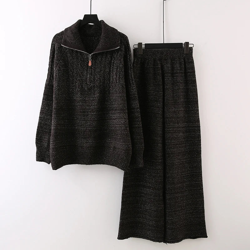 Autumn Winter New Half-Zip Stand Collar Knit Sweater Suit For Women Wide-Leg Pants Knitted Two-Piece Set 11A07540 Coffee One Size