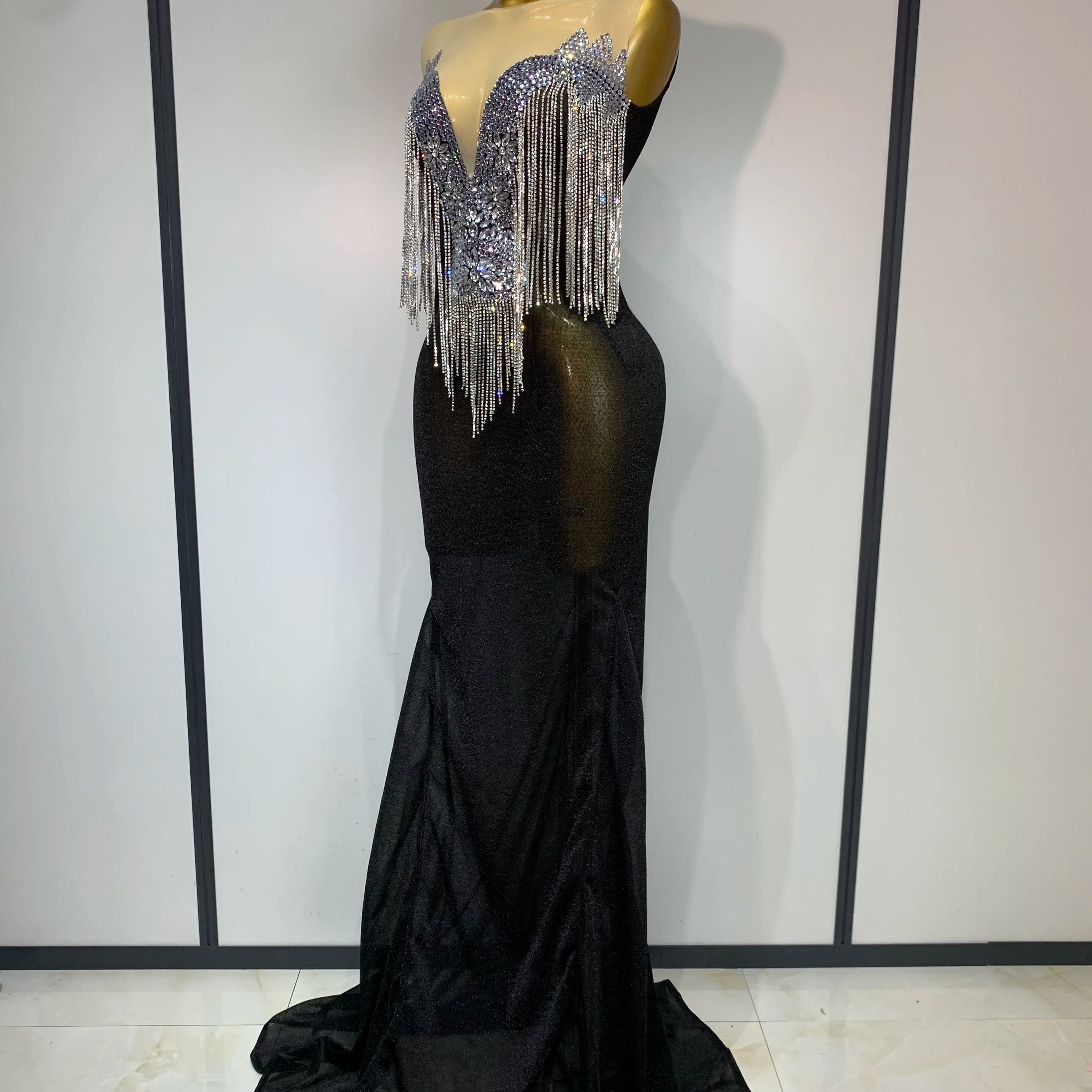 Women Sexy Sparkly Rhinestones chain Celebrity Elegant Maxi Long Dress Luxury Birthday Prom Gowns Stage Show Performance Costume