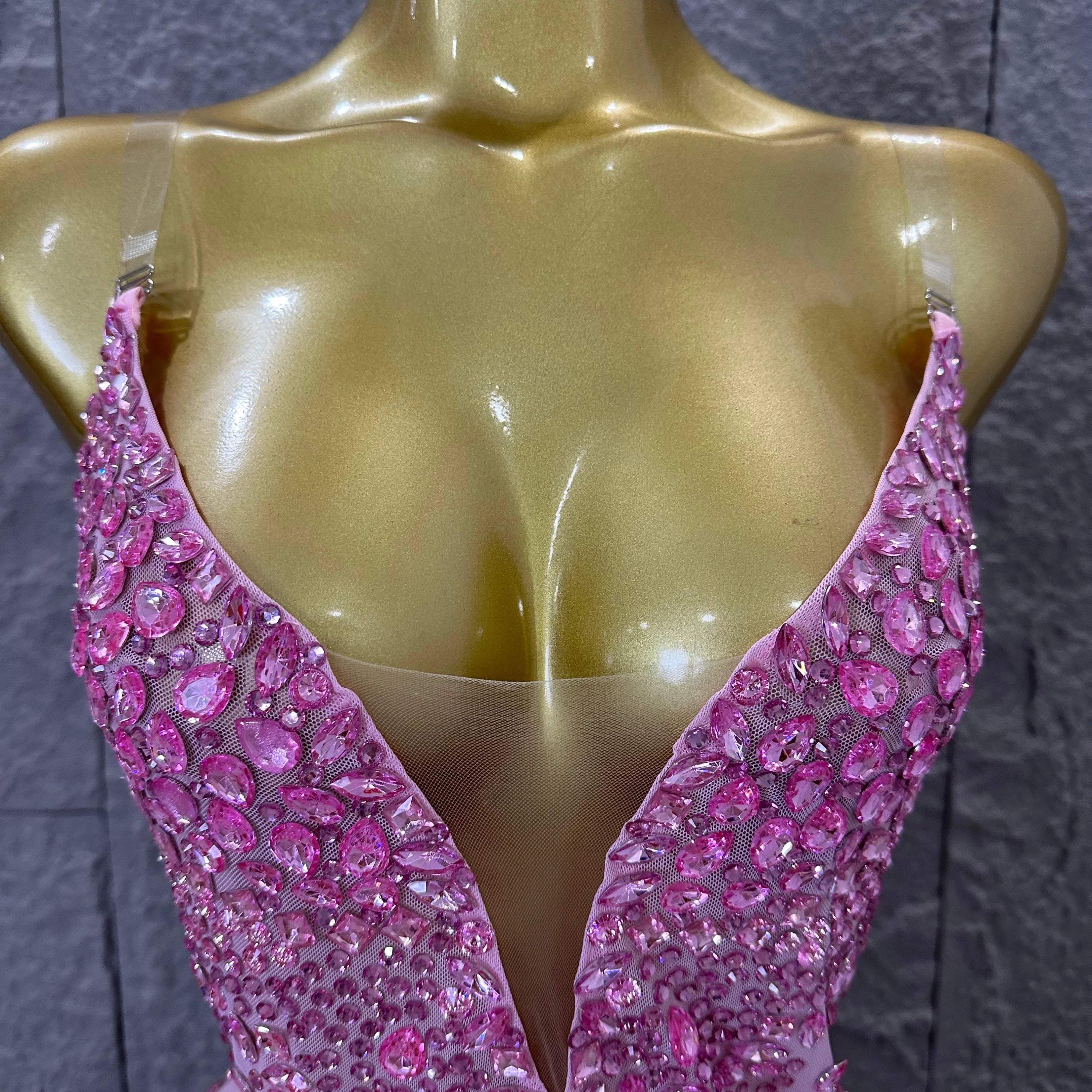 Pink Spaghetti Strap Bodysuit Women Sexy Deep V Neck Sheer Mesh Crystal Embellished Fringe Form-Fitting Formal Event Outfit