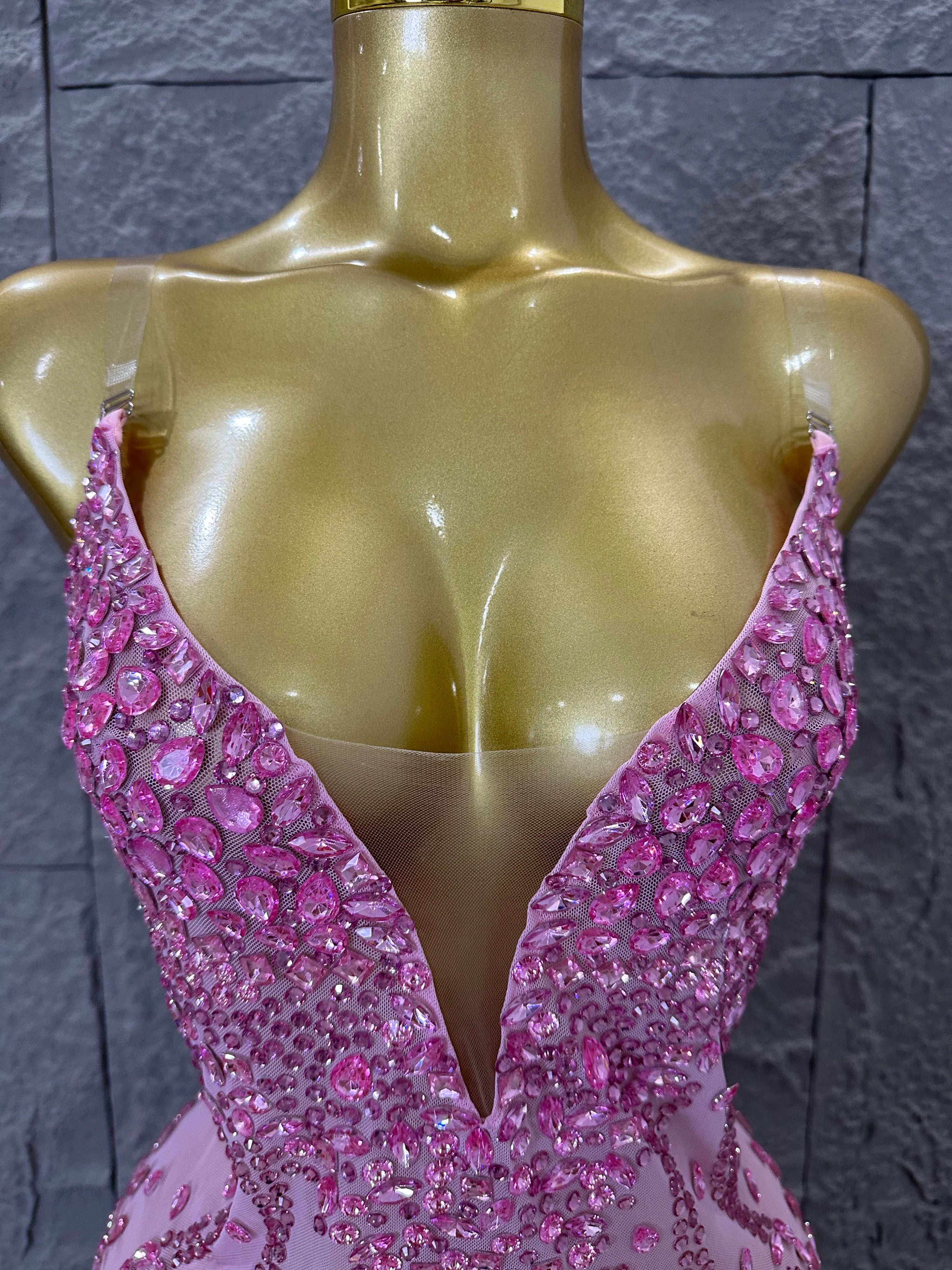 Pink Spaghetti Strap Bodysuit Women Sexy Deep V Neck Sheer Mesh Crystal Embellished Fringe Form-Fitting Formal Event Outfit